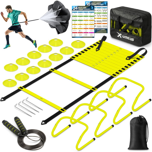 X-UMEUS Agility Ladder Speed Training Equipment Set-20ft Agility Ladder,12 Soccer Cones,4 Hurdles, Jump Rope, Running Parachute| Basketball Football Soccer Training Equipment for Kids Youth Adults