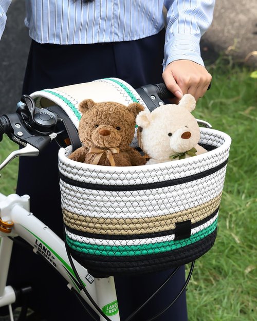 Handmade Bike Basket Front, Woven Bicycle Baskets for Adult Bikes, Rustic Detachable Handlebar Bike Basket for Women Girls with Leather Lid, Adjustable Leather Straps, Green
