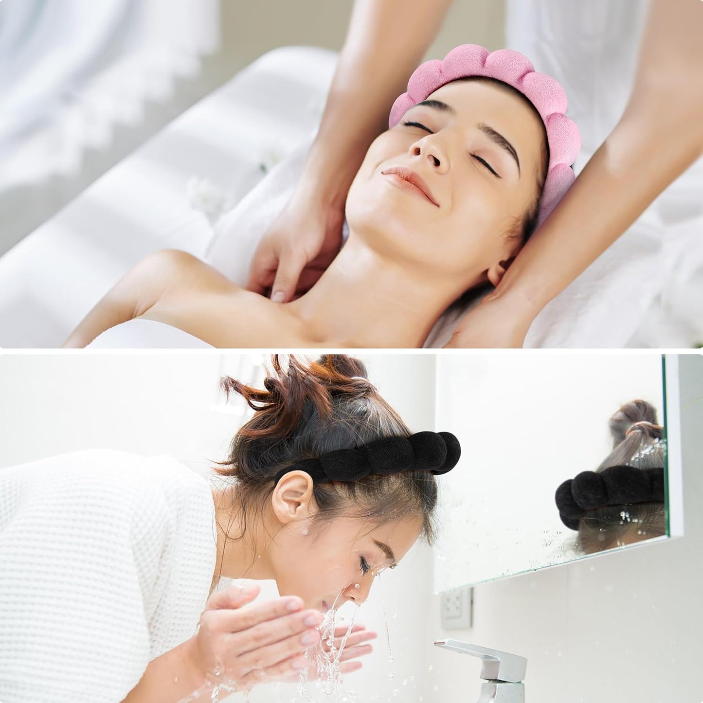 Ztomine Spa Headbands - Set of 2 Terry Cloth Face Washing Headbands for Skincare | Black & Pink