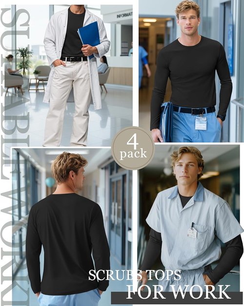 August Alley Men's Long Sleeve Underscrub Shirts - Stretchy Crewneck Work Tops | 4 Pack