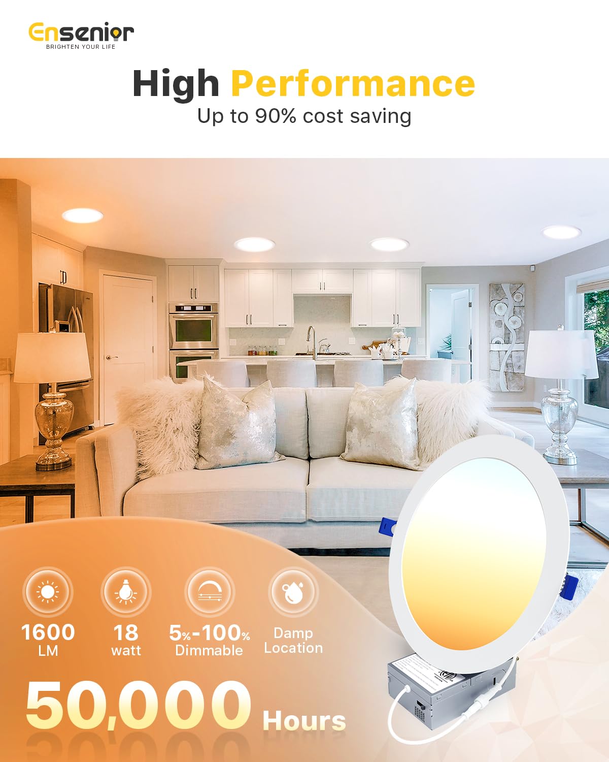 Ensenior 6 Pack 8 Inch LED Recessed Light, Dimmable, 2700K-5000K 5CCT, 1600LM High Brightness, 18W 120V, Damp Rated, Ultra-Thin Canless Wafer Light - ETL & FCC & IC