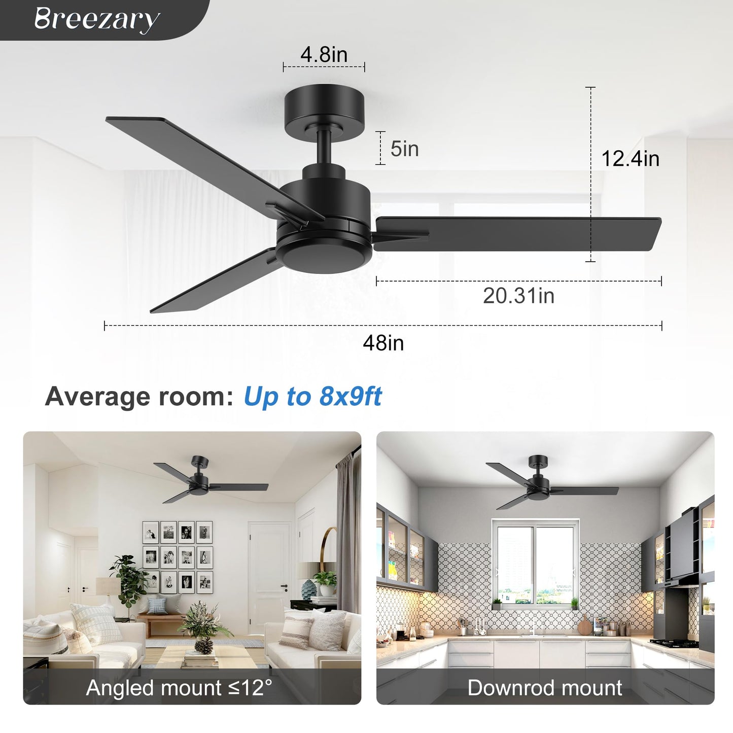 Breezary 48 Inch Industrial Ceiling Fans without Lights Remote Control, 6-Speed, Reversible DC Motor, 3 Blades, Modern Indoor/Outdoor Ceiling Fan No Light for Patio Home Office, Black