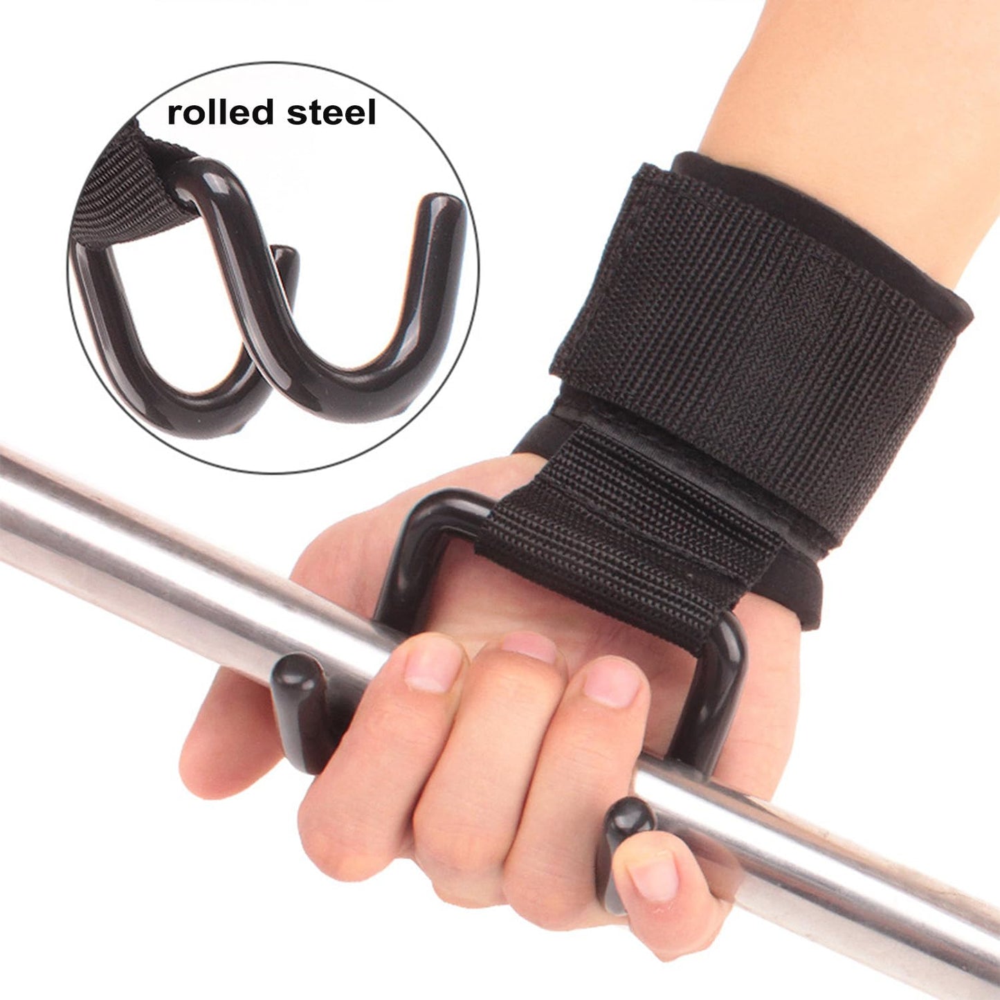 HIZEFSOO 2PCS Weight Lifting Rod Hooks, Heavy Duty Reinforced Metal Weightlifting Hooks with Wrist Straps for Men and Women Deadlift Straps Gloves for Gym Training Hand Grip Support Wrist Strap