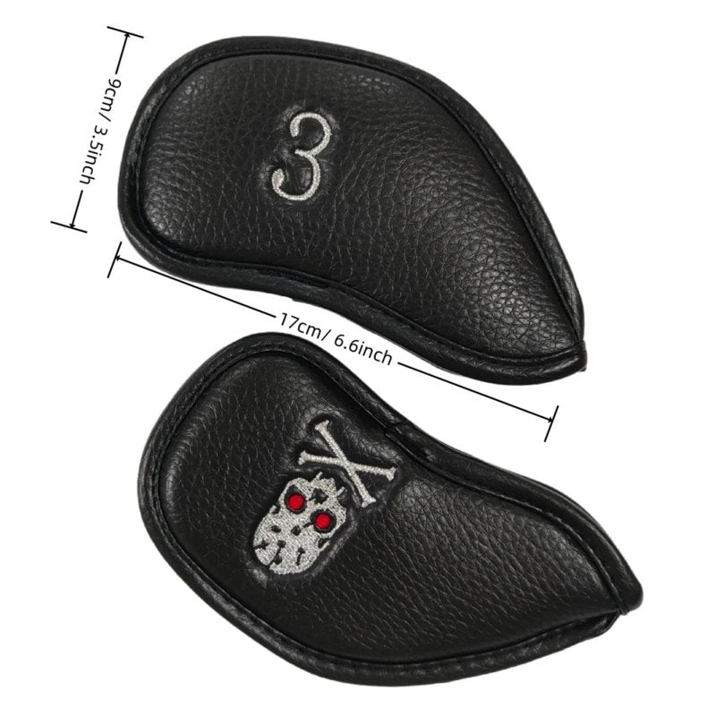 Premium PU Leather Golf Headcovers Set - 10pcs Skull Skeleton Iron Headcovers #3-9, PW, SW, AW - Black Club Protective Case