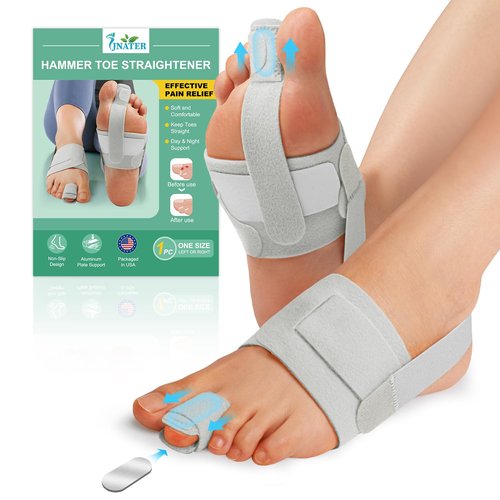 JNATER Hammer Toe Straightener for Women & Men - Non-Slip Hammer Toe Corrector, Adjustable Toe Splint for Hammer Toe, Curled Toes, Crooked Toes, Broken toe Support - Day & Night Relief (1 Compression Foot Wrap & 1 Strap, Gray)