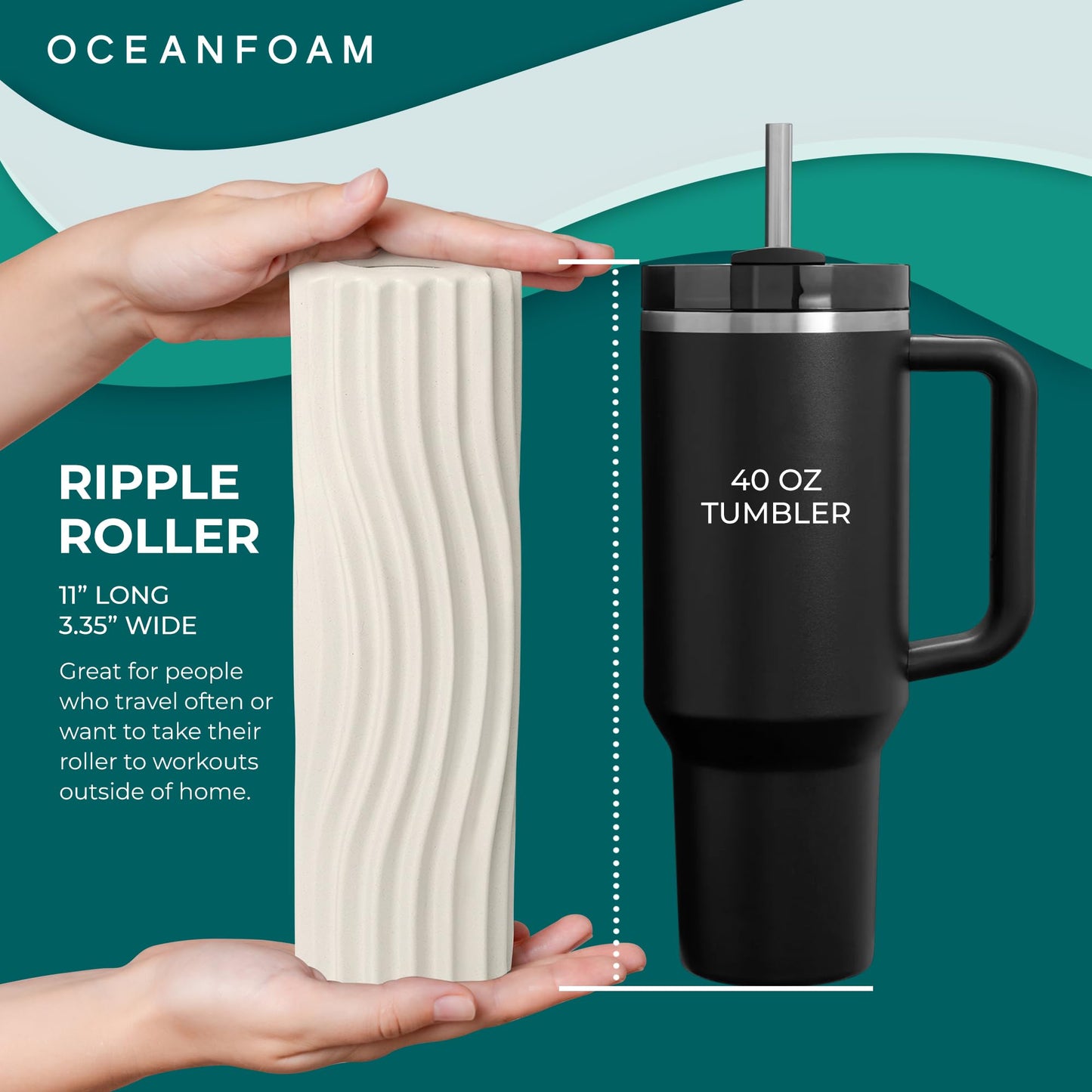 Oceanfoam Ripple Travel Foam Roller (11" x 3.35") Firm Mini Foam Roller for Physical Therapy, Deep Tissue Massage, Back Pain - High Density, Ergonomic Wave Textured - Yoga, Pilates, Exercise (Natural)