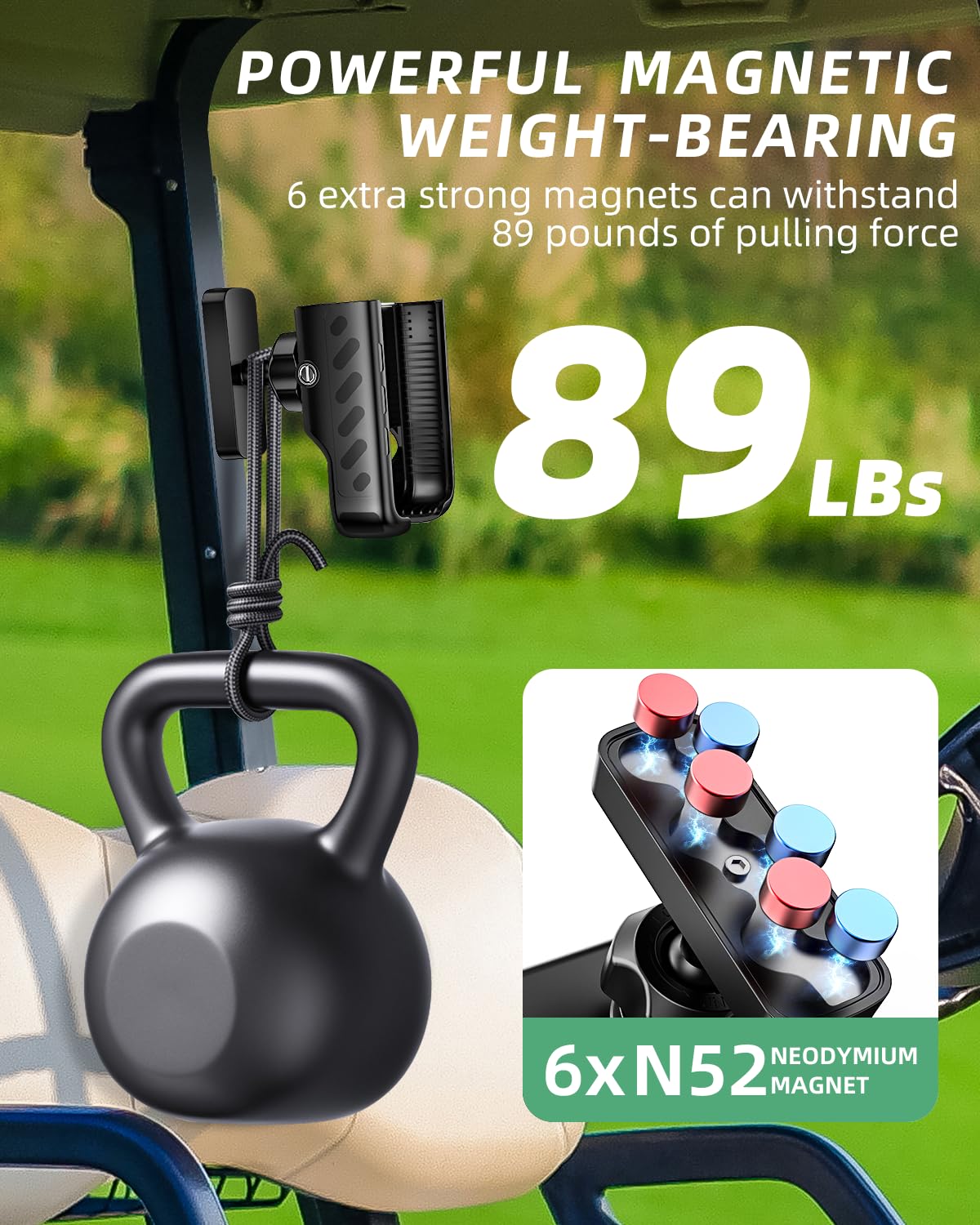 Omnqira Magnetic Golf Cart Phone Holder, Sturdy Aluminum Mount with 6X N52 Magnets & Quick-Lock Knob, 360° View for EZGO, Club Car, Yamaha, Golf Gifts for Men & Dad