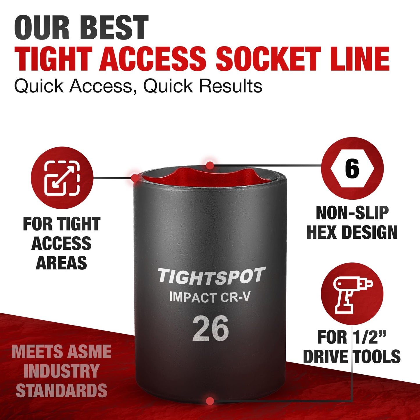 TIGHTSPOT 1/2 Inch Drive - 26mm Shallow Impact Socket with Anti-Rounding 6 Point Design, Heat-Treated CRV Steel, Metric