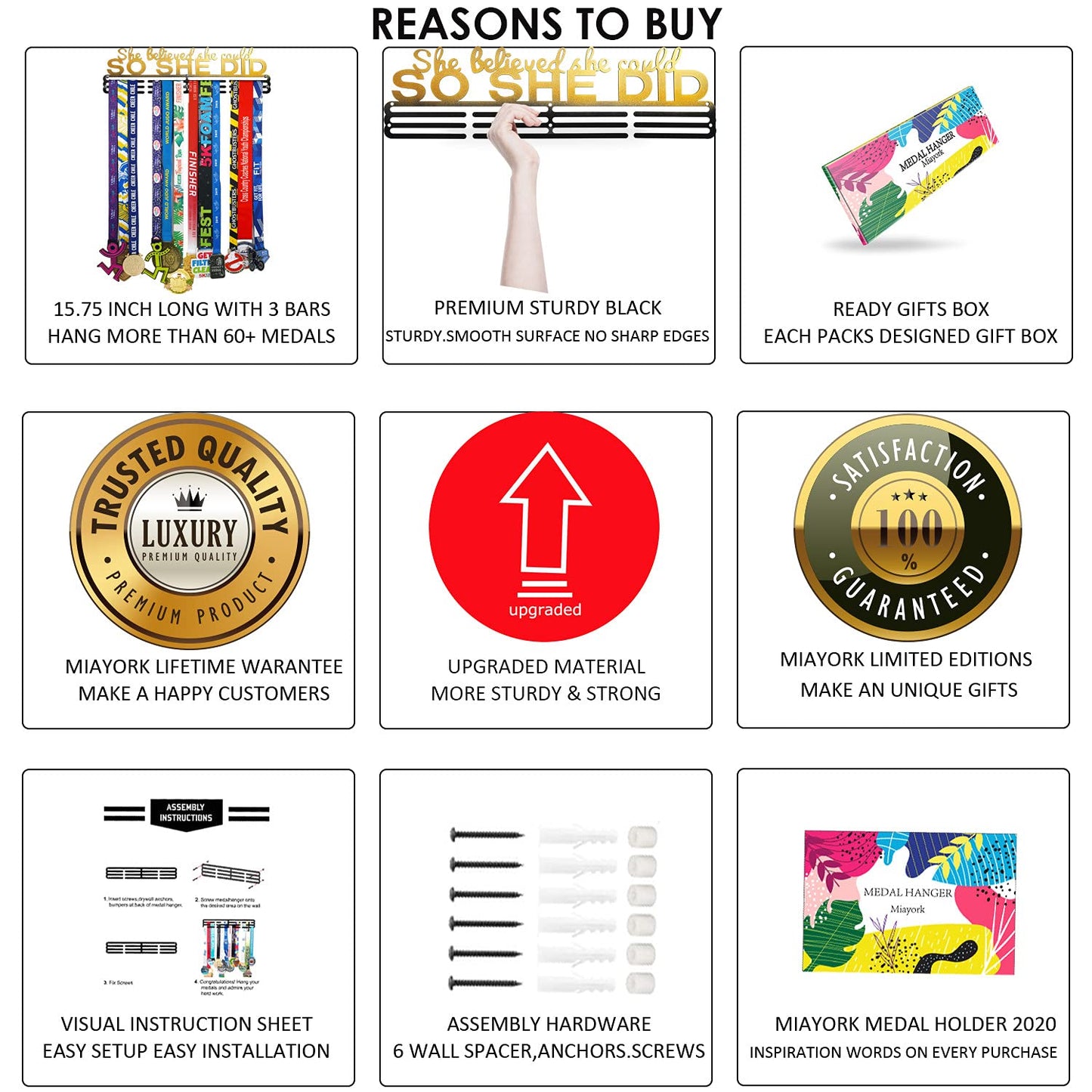 Miayork She Believed she Could so she did Medal Holder Display Hanger Rack Frame for Sport Race Runner-Sturdy Metal Over 60 Medals Easy to Install Easy use