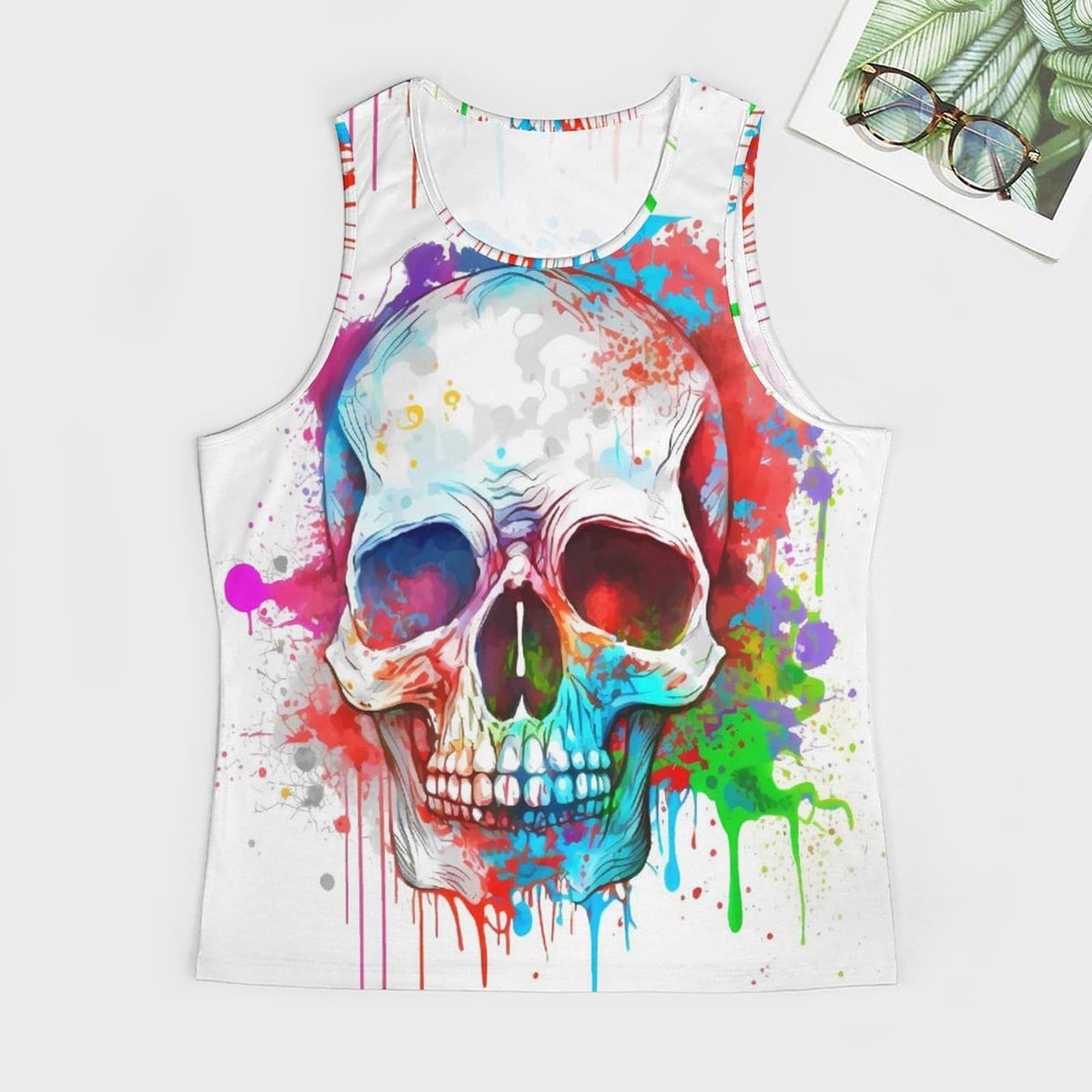 Men Tanks Top Funny Watercolor Splash Ink Skull Beach Undershirt Hawaiian Tropical Workout Sport Gym Tees Holiday Top Vest Travel Surf Apparel X-Large
