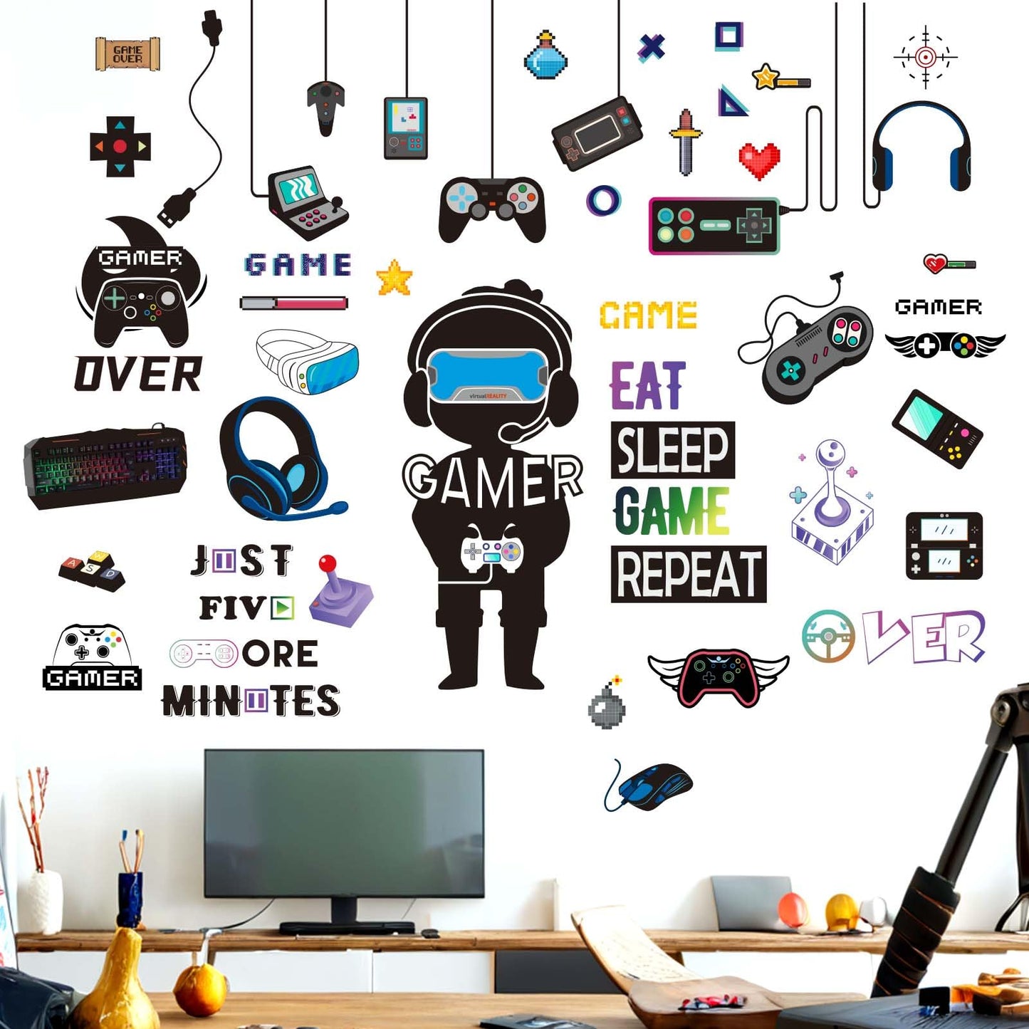 Amimagen Gamer Wall Stickers - Controller Eat Sleep Games Joystick Video Gaming Wall Decals - Boys Bedroom Playroom Baby Kids Room Wall Decor