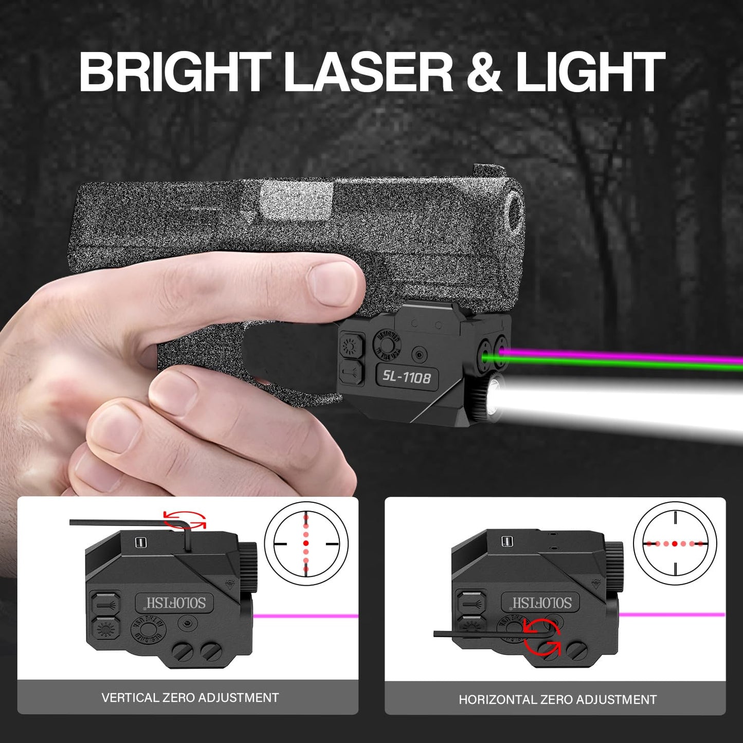 SOLOFISH 500lm Pistol Light Beam Combo with Strobe & Memory, Slidable Purple Green Beam and Gun Light Fits Full & Compact