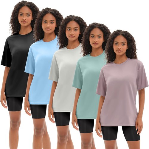 Kinglaman Oversized Workout T-Shirts for Women - 5 Pack Plus Size Short Sleeve Gym Tees