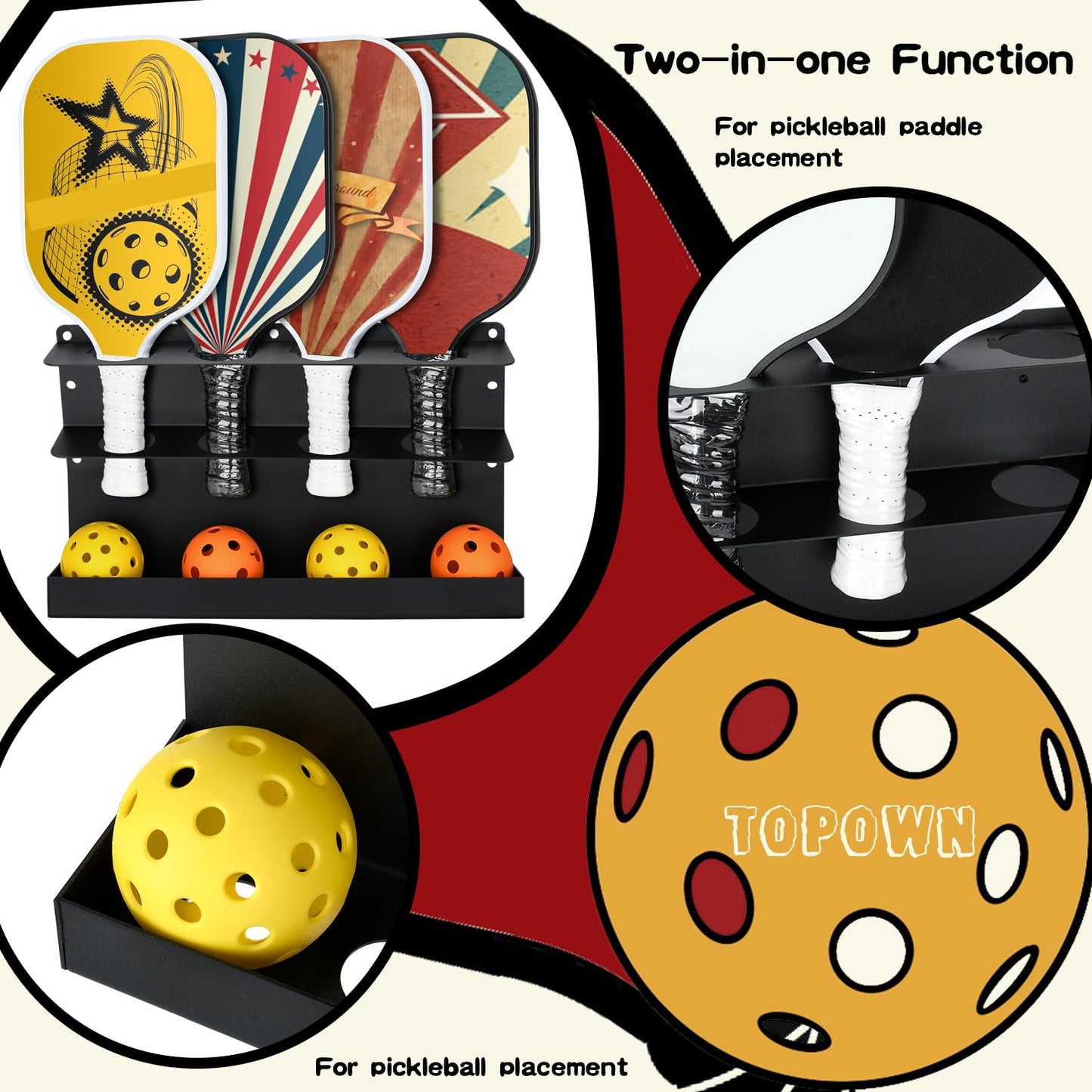 TOPOWN Pickleball Paddle & Ball Rack - Heavy-Duty Steel, Holds 4 Paddles & 4 Balls, Fence & Wall Mount