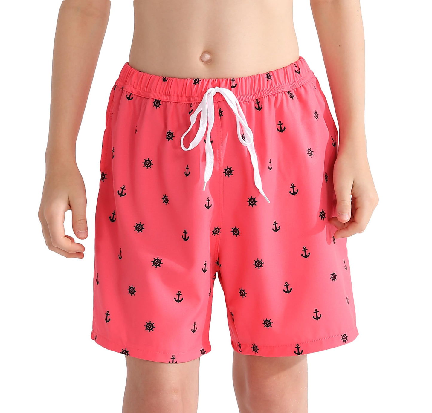 HOOGRIN Youth Boy Bathing Suit with Compression Liner Trunks Teen Boy Swim Trunks Swimming Shorts,Pink Anchor,8 Years