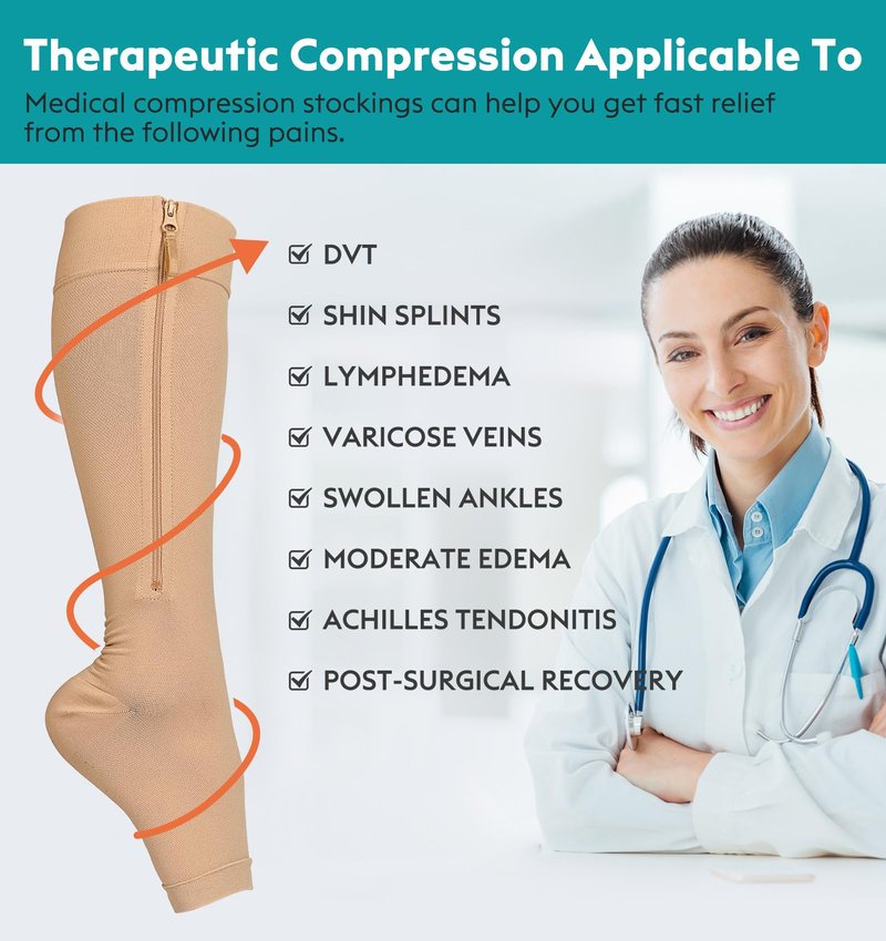 NURCOM Copper Compression Socks for Varicose Veins & Lymphedema, Zipper Compression Socks 20-30 mmHg Knee-High Open Toe Beige Large, Relieve Swelling & Discomfort, Improve Circulation, DVT Prevention