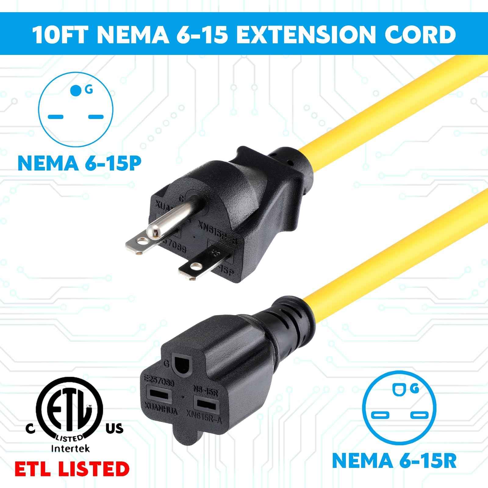 Tellegloww 10ft NEMA 6-15 Extension Cord 6-15P Male to 6-15R Female, 15 AMP Power Cable for 220/240V Air Condition, LED Grow Lights, Digital Ballast Power Cord Heavy Duty 14/3 AWG, 240V, 3750W