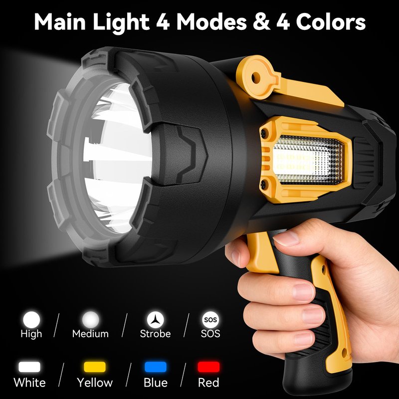 polisak Rechargeable Spotlight Flashlight, 99,000 Lumens Super Bright LED Spotlight with COB Light & Foldable Tripod, 10000ɱAh 30H Long Lasting Large Handheld Spot Light for Huŋting Boating Camping