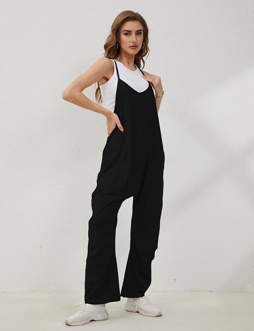 Lentta Women's Casual Jumpsuit - V Neck Sleeveless Harem Romper with Adjustable Straps & Pockets
