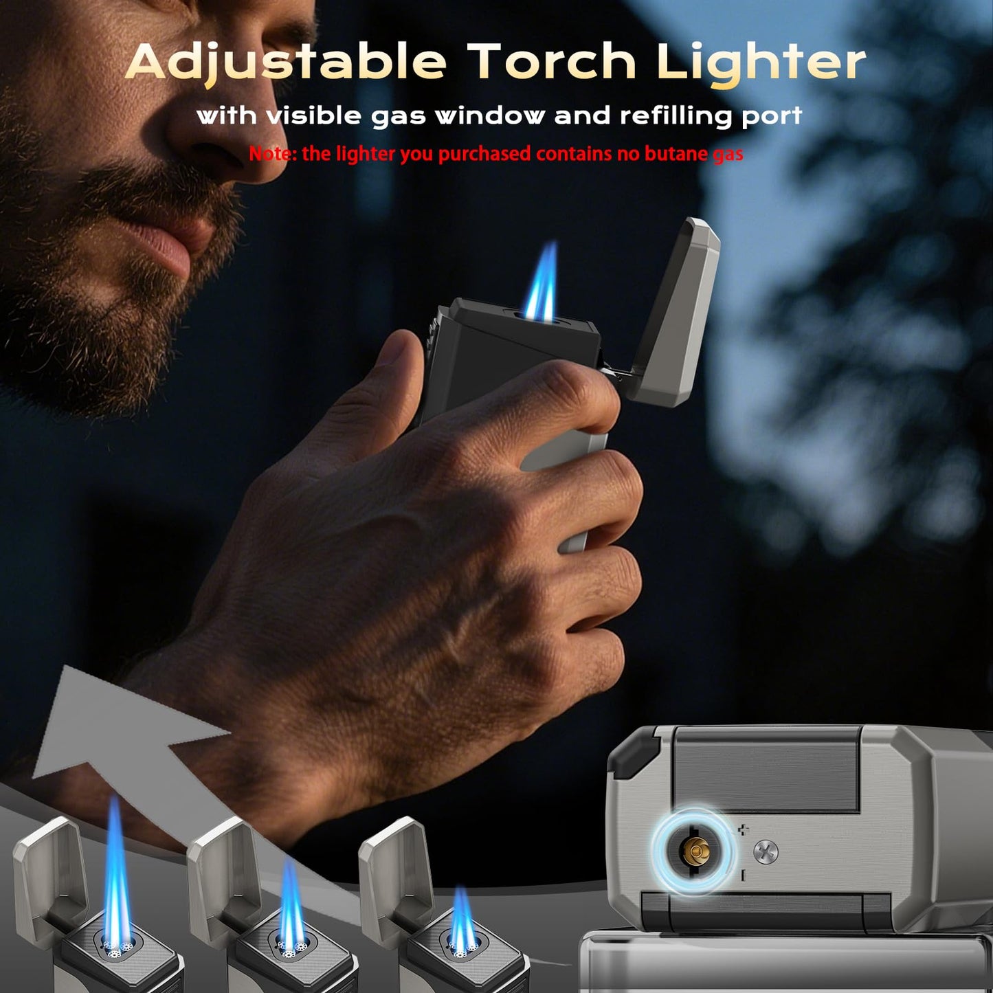 6-in-1 Torch Lighter, with Windproof Triple Jet Flame, V & Straight Cutter, Punch, Holder, Draw Enhancer Tool, Refillable Butane Lighter with Gift Box for Men, Multifunctional Accessories for Travel