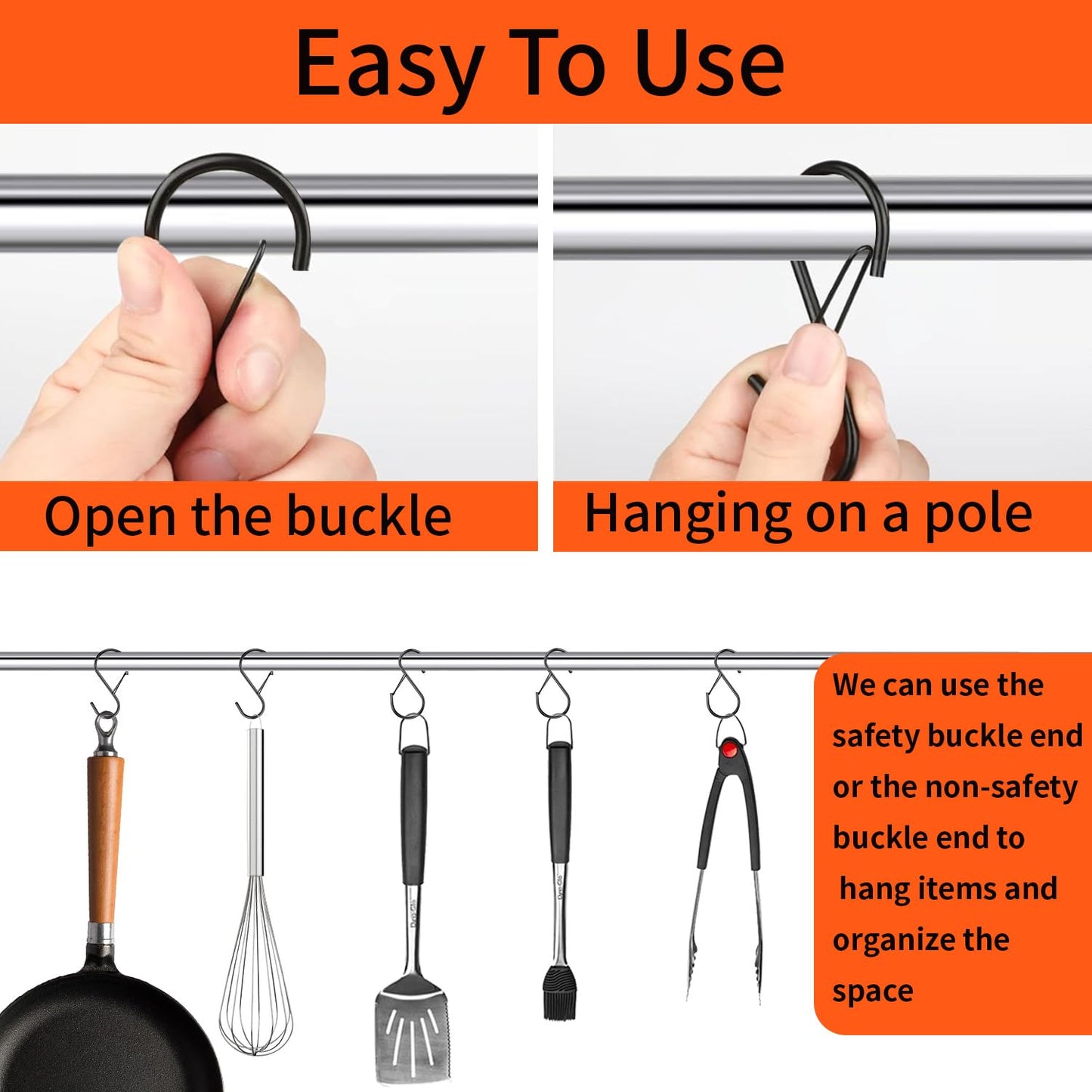 12 Pack Large S Hooks for Hanging Plants with Safety Buckle- Heavy Duty Solid Metal Steel Black S Shaped Closet Hooks for Hanging Plants, Kitchen Utensils, Jeans, Bags, Pots, 4 inch, Fit Most of Rod