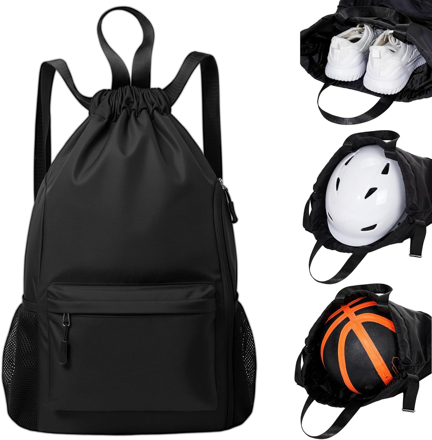 Skiennix Black Basketball Drawstring Backpack - X-Large Waterproof Gym Bag | Sports Bag with Mesh Pocket for Men & Women