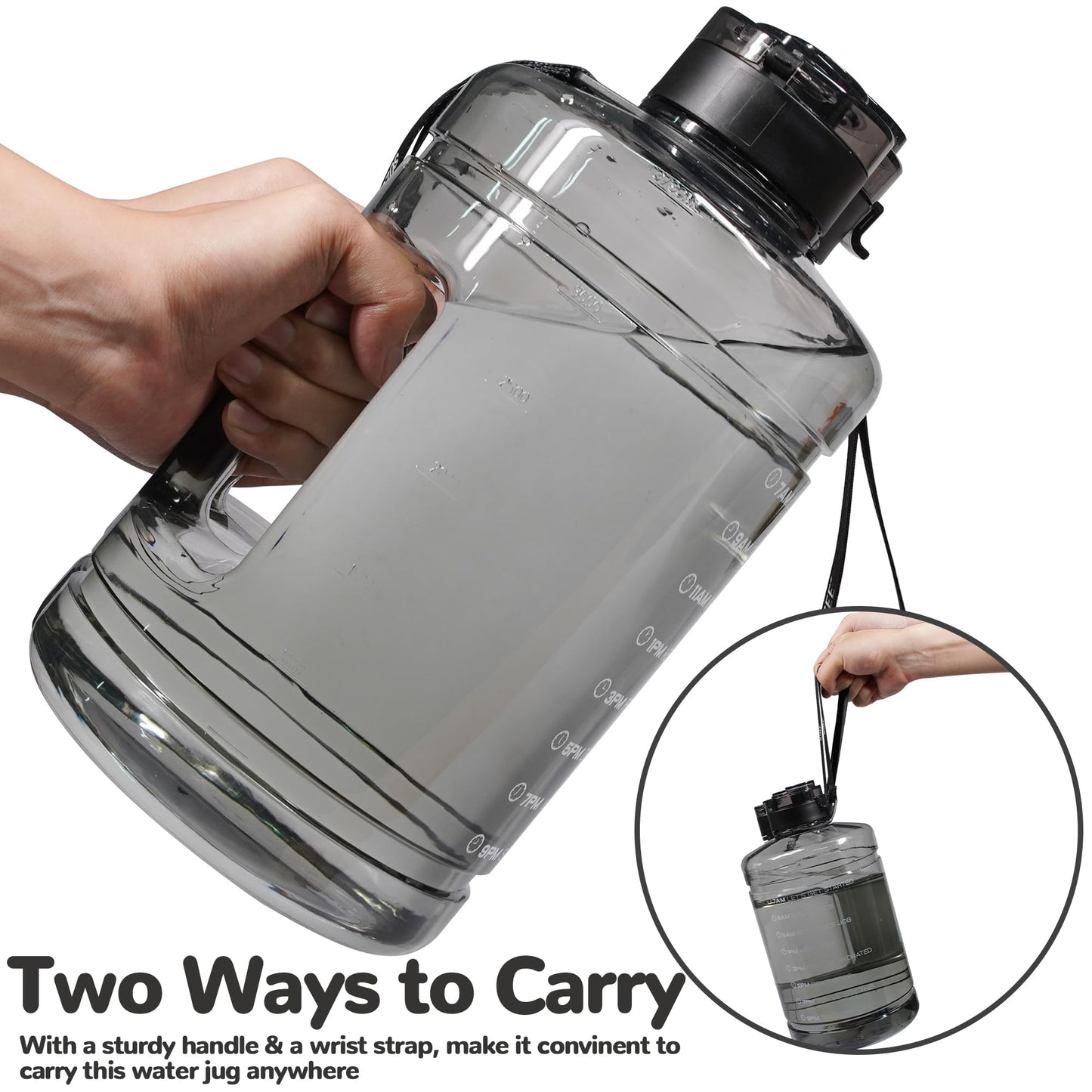 QD.SUZEE 1 Gallon Water Bottle, Water Jug with Motivational Time Marker & Strap & Handle,Large-Capacity leakproof water bottles for Travel Sport Gym Outdoor（Clear