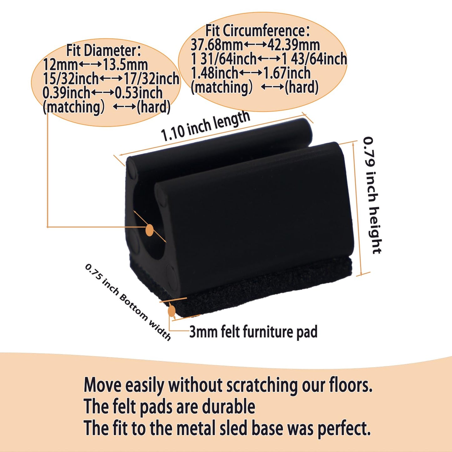 Sled Chair Leg Floor Protectors with Felt Furniture Pads,Rectangle U Shaped Chair Leg Tips Caps,Furniture Feet Protectors Slide Smoothly Protect Floors No Scratches No Noise (Diameter 12mm 8Pack)