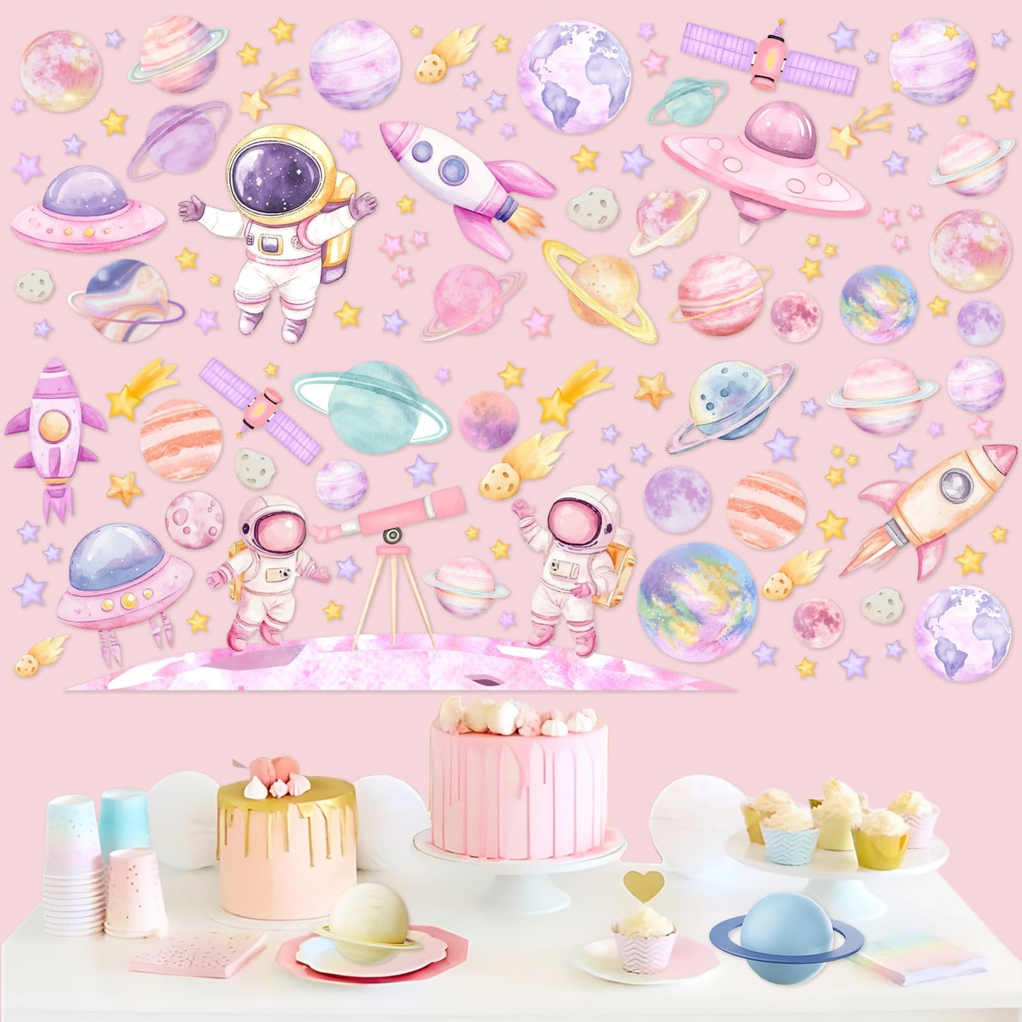 Kreatwow 2pcs Outer Space Wall Stickers for Girl Outer Space Wall Decorations Pink Astronaut Planet Decal Solar System Birthday Decoration Galaxy Rocket Cling Sticker Galaxy Astronaut Party Home Decor