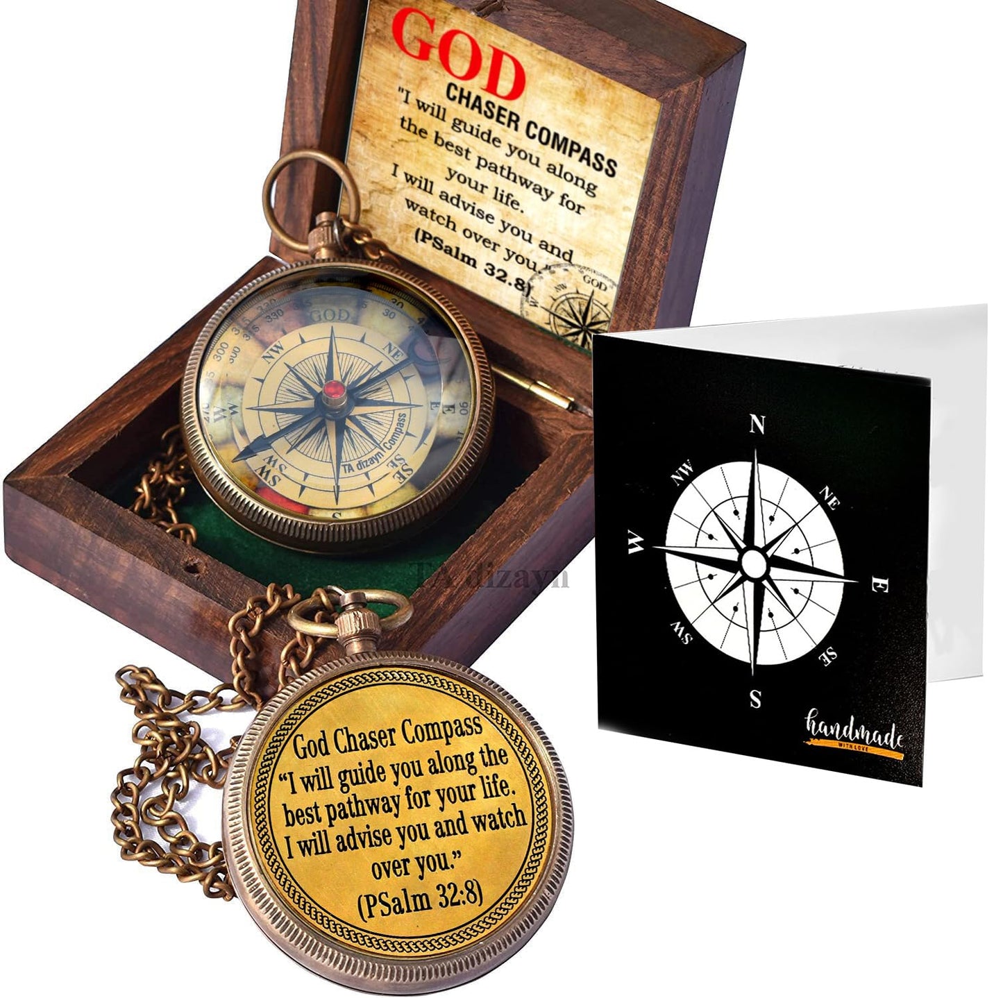 Christian Brass Compass (Psalm 32:8) with Display Box - Engraved Scripture Prayer Compass for Men & Women - Baptism, Confirmation, Communion & Graduation Gift