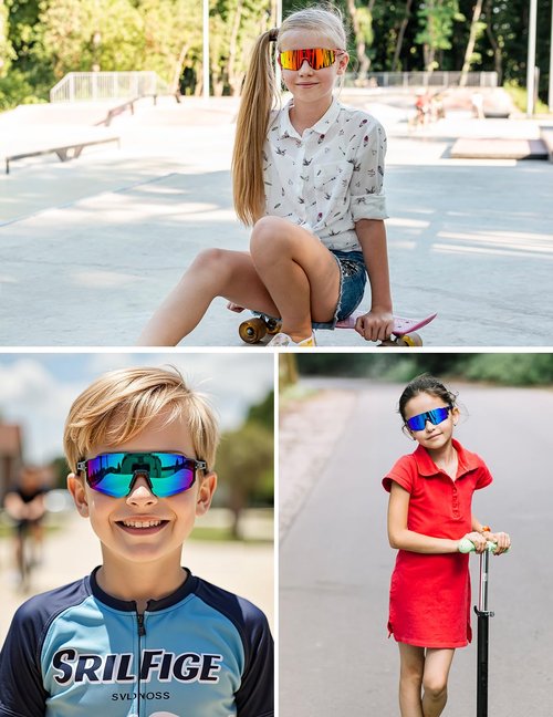 AGGKKY 3 Pack Kids Sunglasses, Youth Baseball Sunglasses for Boys Girls, Polarized Sun Glasses UV400 Sports Cycling Shades Lightweight Frame for Kids Ages 8-14 (Red/Orange+Black/Blue+Navy Blue/Green)