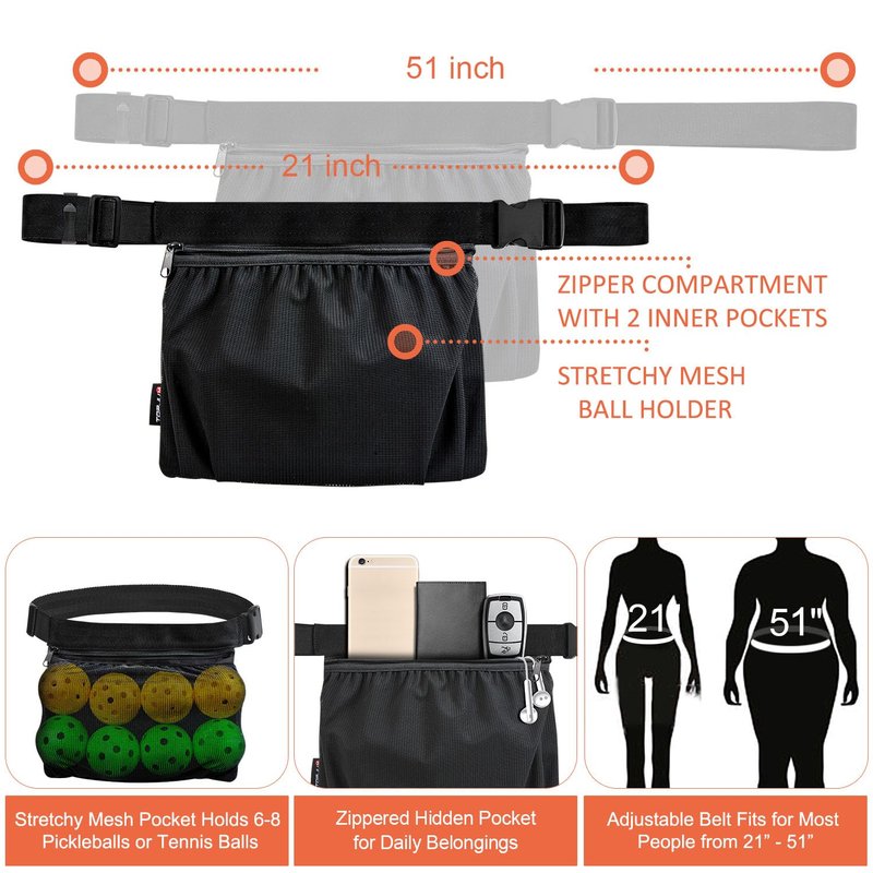 TOPJUM Tennis Ball Holder, Pickleball Holder Bag for Women, Men & Teens, Ball Pouch, Mesh Waist Hip Bag Carrier, Easy Holding 6-8 Pickle Balls or Tennis, Versatile Accessories & Gifts