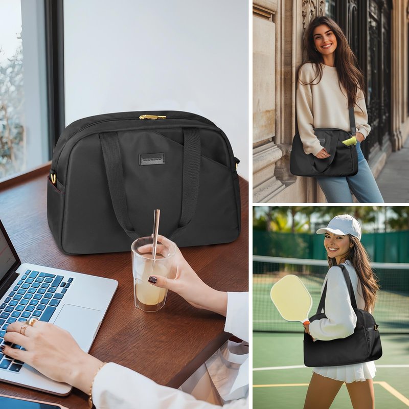 CHICECO Pickleball Tote Bag - Large Black Pickleball Bags for Women, Stylish Nylon Paddle Bag with Adjustable Strap, Stylish Padel bag for 2-4 Paddles and Shoes, Sports Gifts