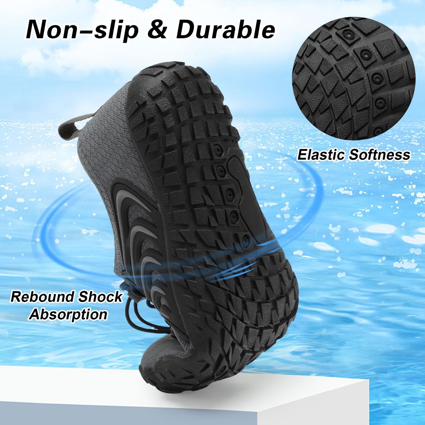 BARERUN Kids Water Shoes Boys Girls Quick Dry Breathable Sports Aqua Sneakers Wide Toe Adjustable Barefoot Non-Slip Lightweight Swimming Beach Pool Shoes Darkgrey Big Kid 2