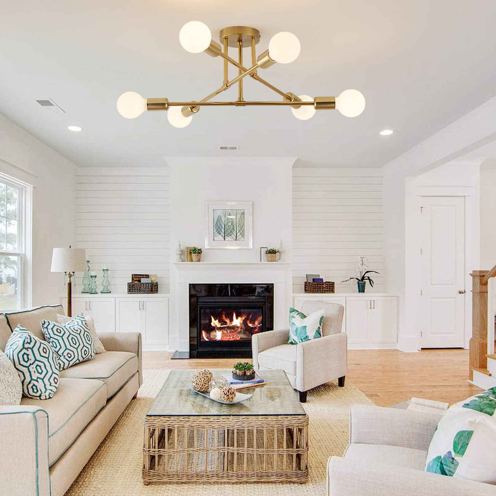 YXTH Semi Flush Mount Ceiling Light Fixture, 6 Lights Modern Sputnik Chandelier Ceiling Lamp with E26 Bulb Base, Light Fixtures Ceiling Mount for Bedroom Kitchen Living Room Hallway (Gold)