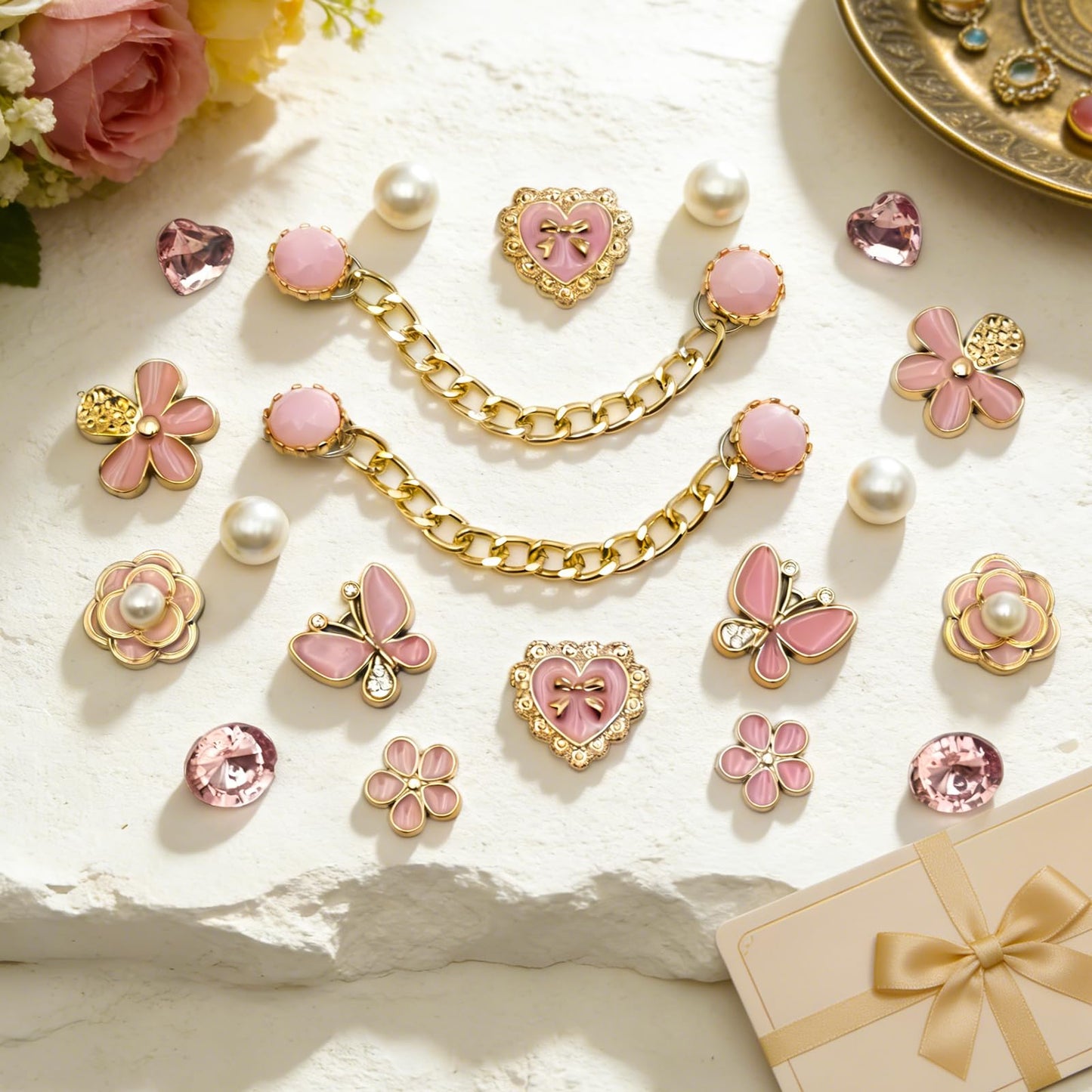 Ziigole 20Pcs Bling Shoe Charms for Sandals Women, Pink Butterfly Flower Charms, Sparkling Rhinestones Shoe Chains, Gemss, Pearl Accessories for Girls, DIY Shoe Decoration Charms for Party Favor