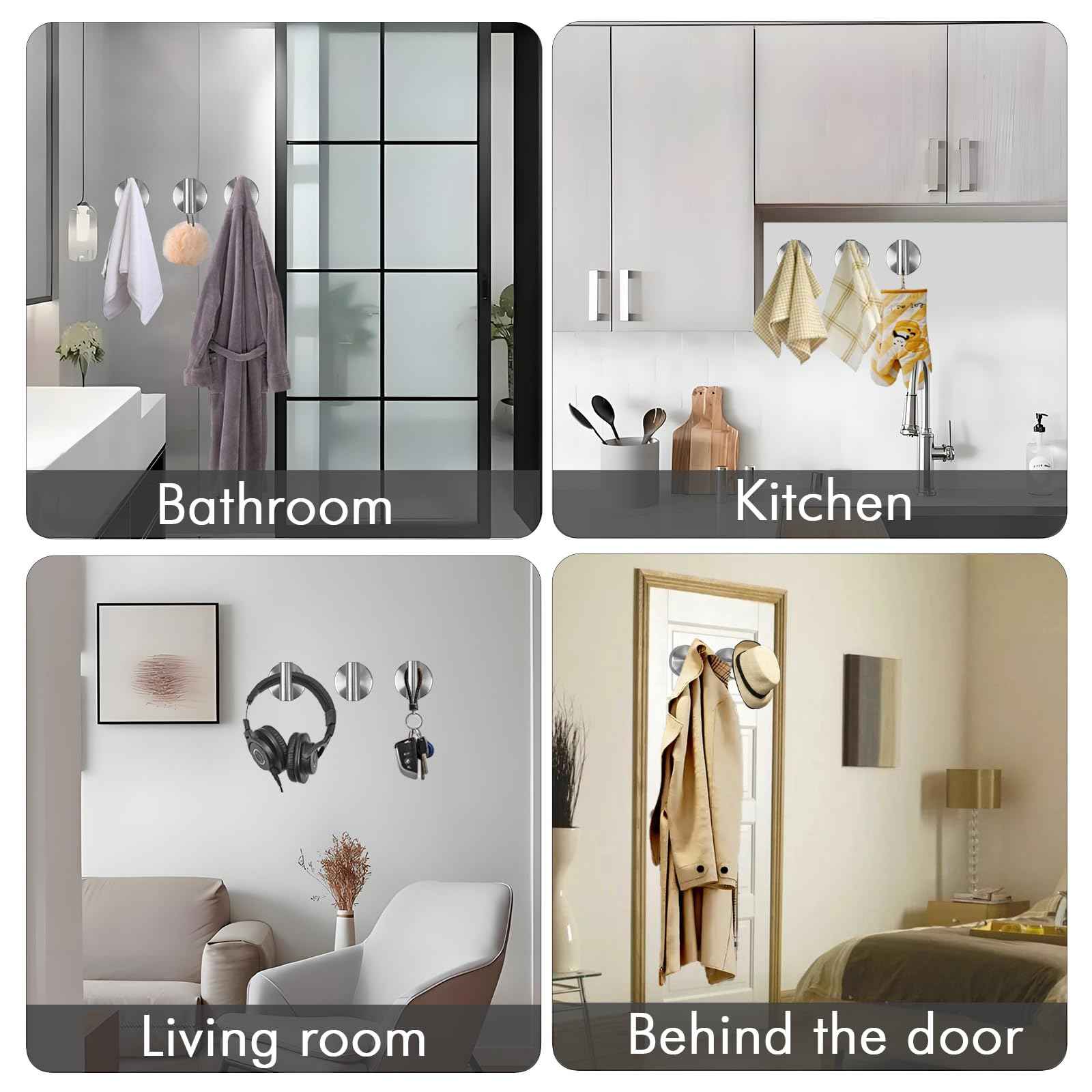 6 PCS Suction Cup Shower Towel Hooks, Wall Mount Robe Holder, Heavy Duty No Drill Wall SUS304 Waterproof Stainless Steel Hooks for Bedroom, Bathroom, Kitchen, Hotel and Office (Brushed Nickel)