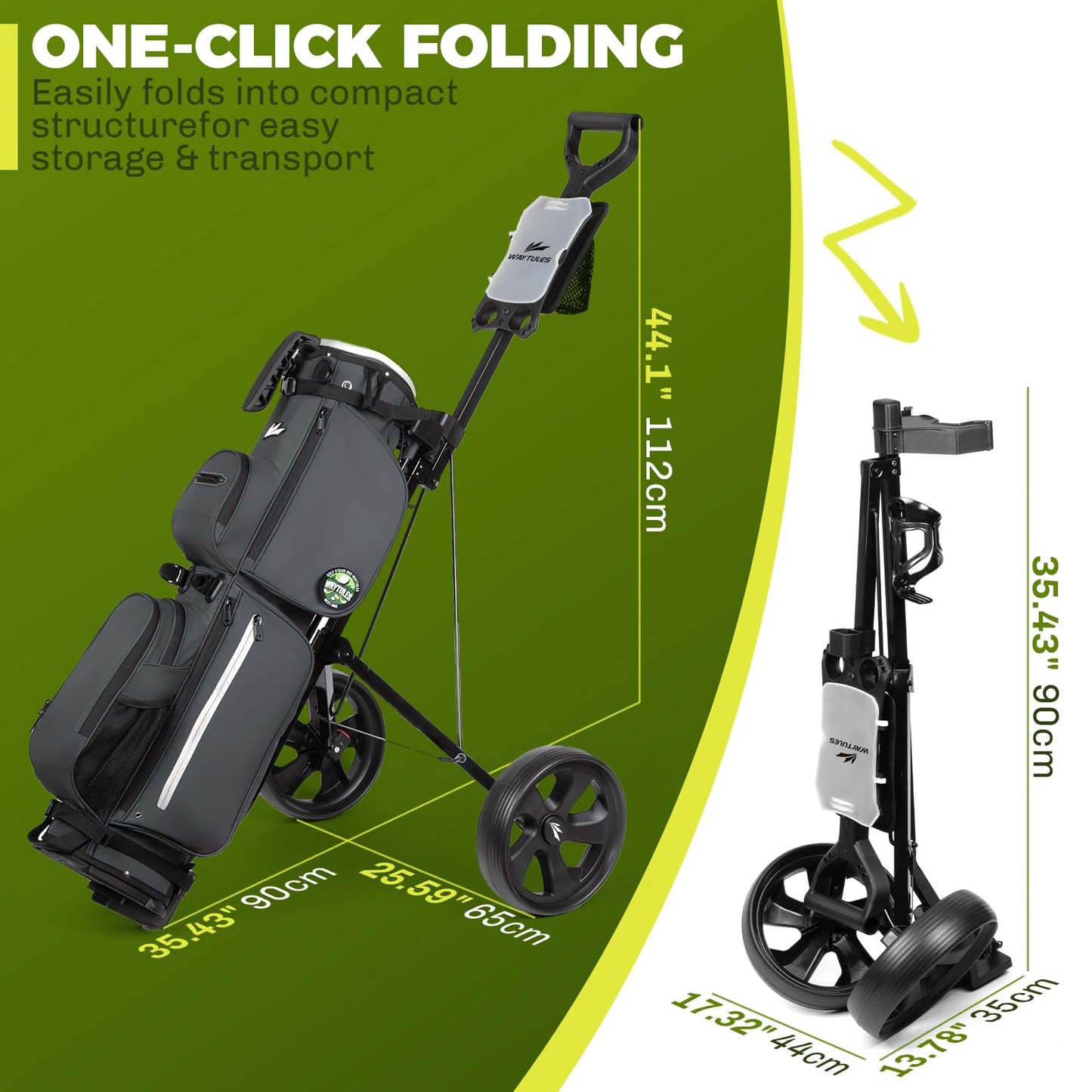 WAYTULES 2-Wheel Golf Pull Cart – Lightweight Foldable Golf Push Cart with Durable Steel Frame, Adjustable Web Straps, Compact Design for Walking Golfers(Black)