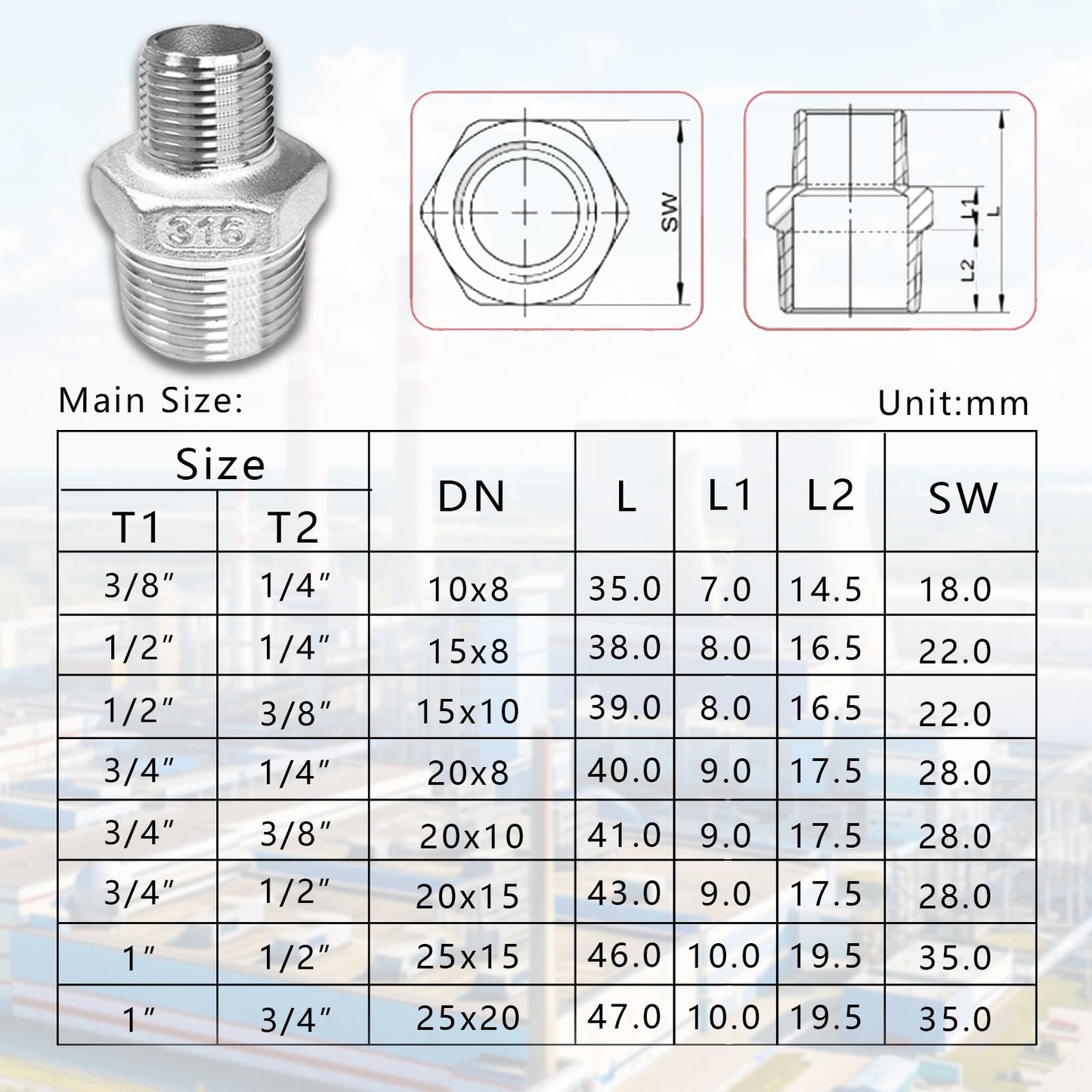 Dnkoua 2-Pack 316 Stainless Steel Reducing Hex Nipple, 1/2" NPT Male x 1/4" NPT Male Pipe Fitting Adapter - Corrosion Resistant Reducer Connector for Plumbing, Hydraulic Systems (1/2" to 1/4")