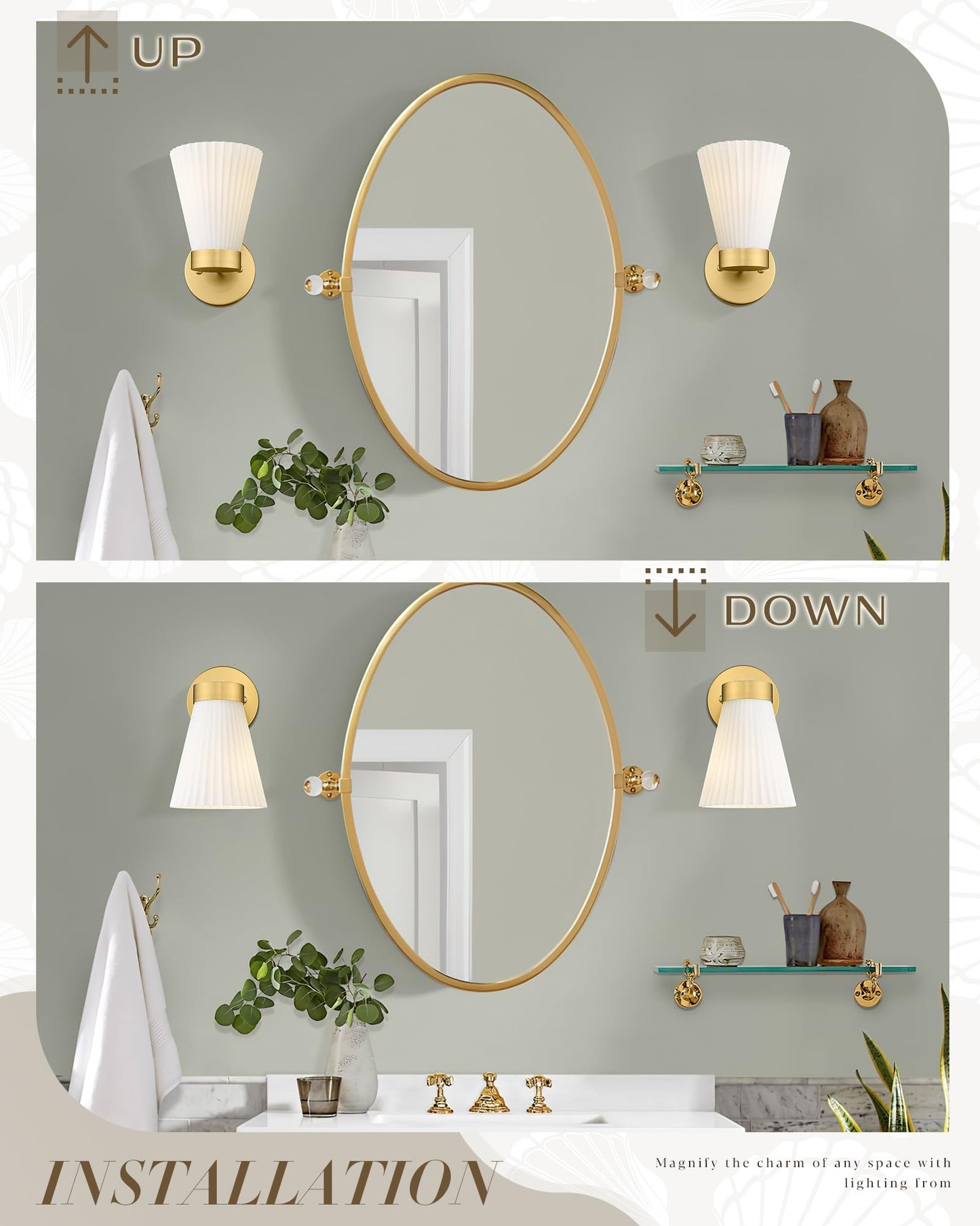 Gold Wall Sconces Set of Two, HWH Modern Bathroom Vanity Sconce Wall Lighting Indoor Wall Lamp with Frosted White Striped Glass, 5HZG97B-2PK BG