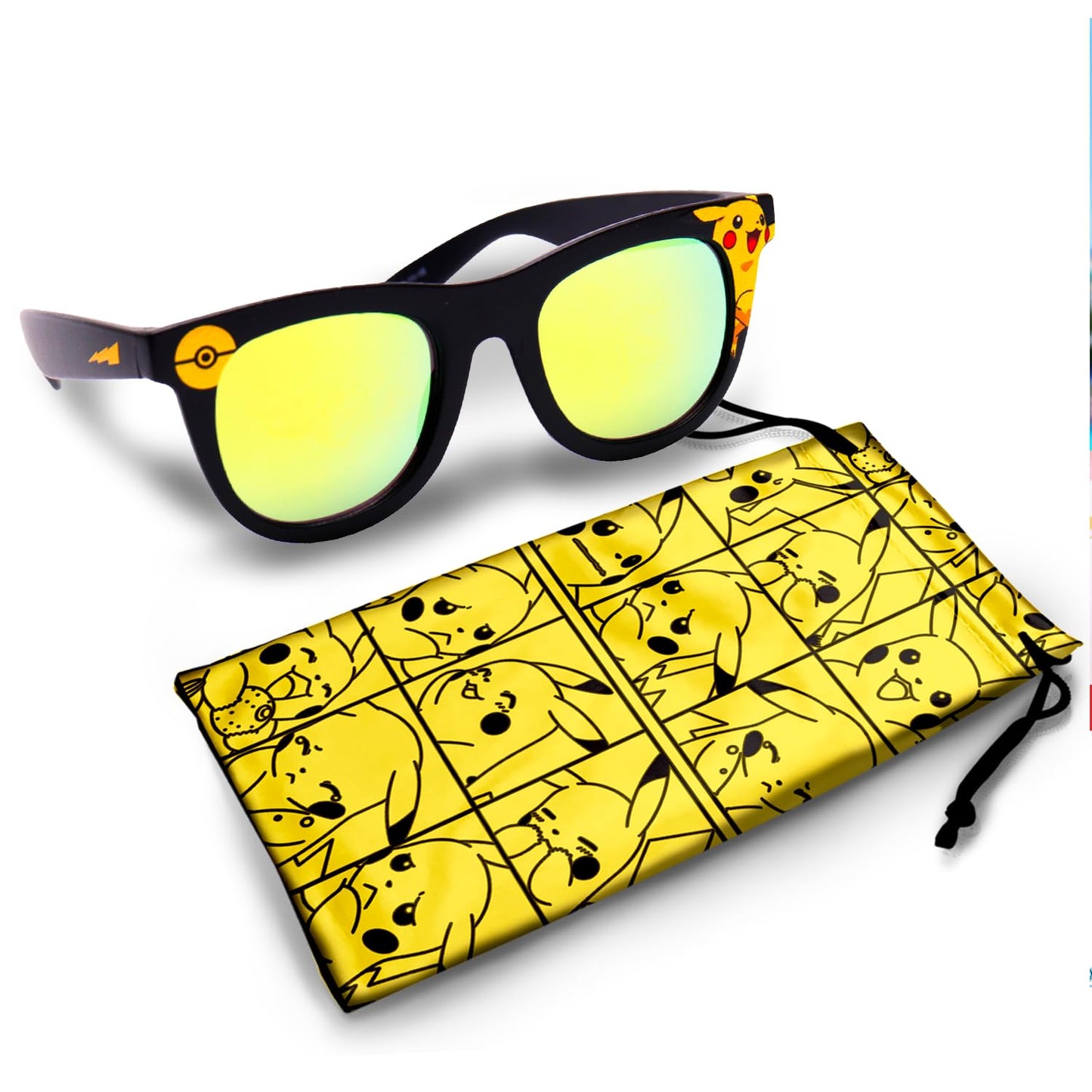 ARKAID Pokémon Pikachu Black Frame Sunglasses - Stylish, Comfortable & Durable UV-Protection Pokémon Black Sunglasses with Soft Carrying Case - Officially Licensed