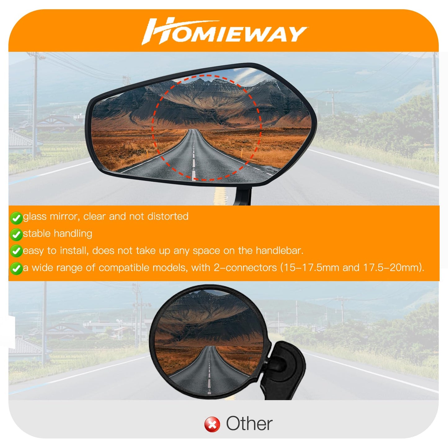 Homieway Bike Mirror for Handlebar, Bar End Bicycle Mirror, Anti-glare HD Glass Lens 360° Adjustable Rear View Mirror for E-bike, Mountain Bike, City Bikes & Scooter (Left 0.59-0.78")