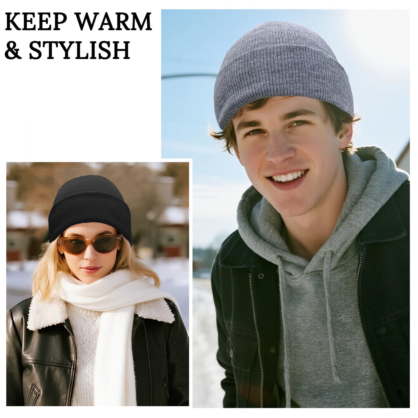 PFFY 3 Packs Unisex Beanie Hats for Men Women Winter Cuffed Knitted Beanies Skull Cap Black+Darkgrey+Lightgrey