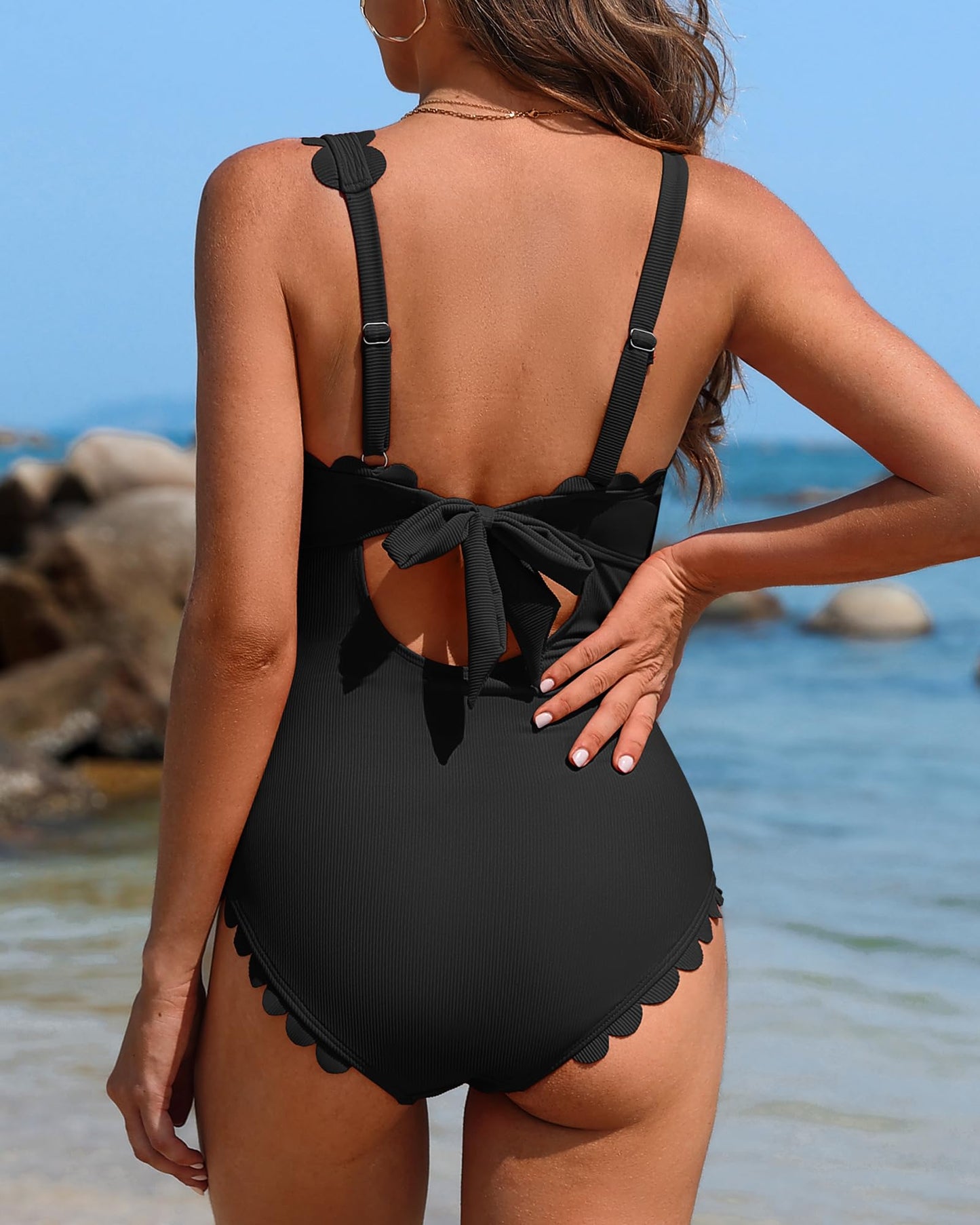 Charmo One Piece Swimsuits Women Ribbed Full Coverage Bathing Suit Women One Shoulder Slimming Swim Suits Cutout Swimwear Black M