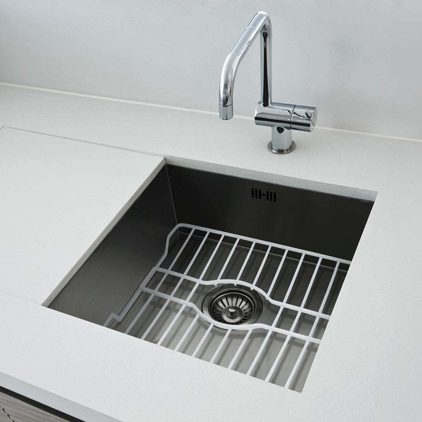 DecorRack Sink Protector for Kitchen Sink, 16" x 13" Metal Dish Drying Rack, Grate with Center Drain, Protects from Stains, Scratches, Dishwasher Safe, Large Size (1 Pack, White)