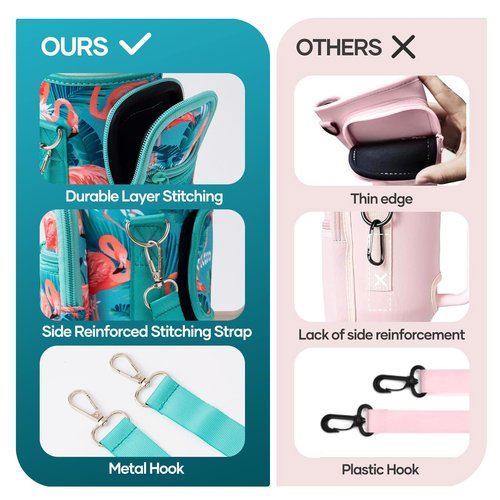 linmaya Water Bottle Carrier Bag for Stanley Cup 40/30oz with Phone Holder Pocket, Neoprene flamingo Water Bottle Cross-body Carrier Bag with Adjustable Shoulder & HandStraps