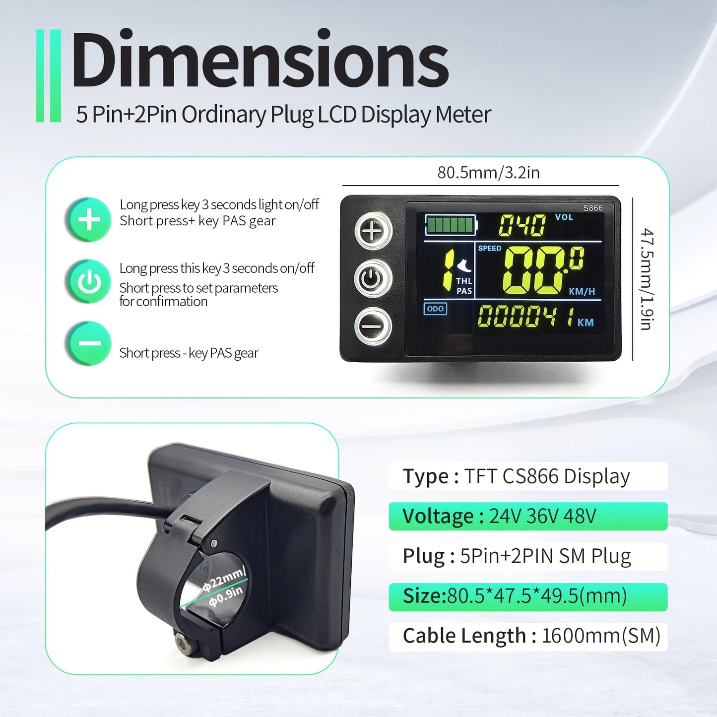 JOCHEN Ebike 36V/48V/52V 17A/26A/30A/40A Brushless Controller Mini Color LCD CS866 Display for Electric Bicycle Scooter Mountain Bike Parts (17A with CS866 Throttle)