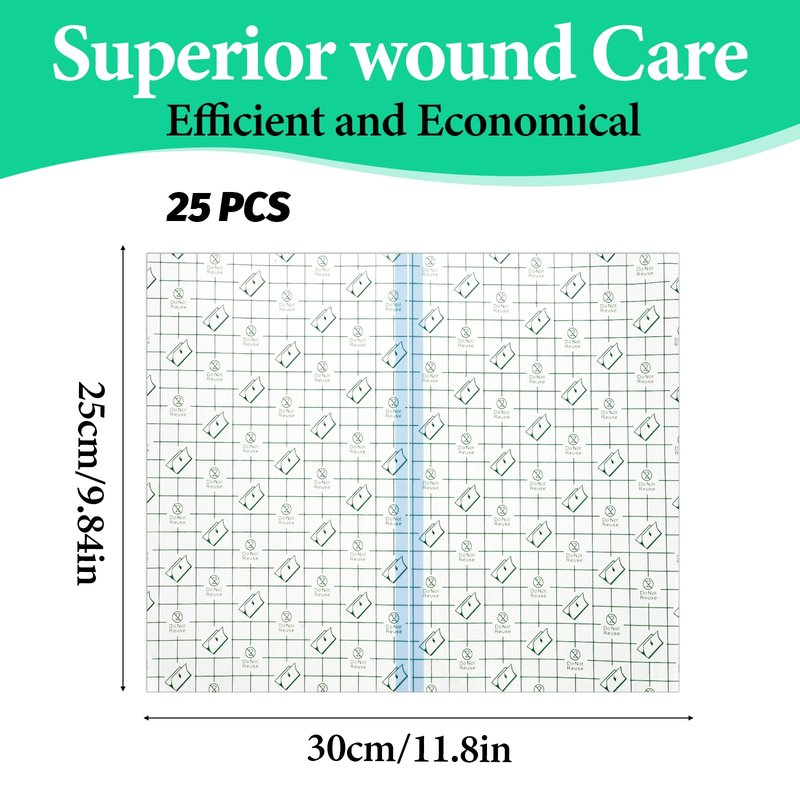 25Pcs Waterproof Bandages for Wounds, 10 x 12 Inch Stretch Transparent Film Dressing with Non-Stick Center Pad, Adhesive Waterproof Wound Cover for Surgery Injury Protector