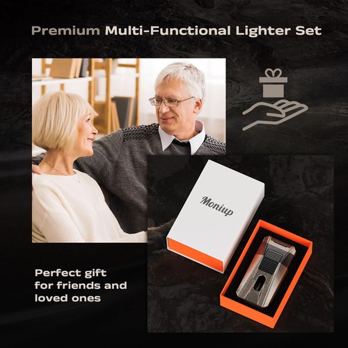 All-in-one Torch Lighter with Built-in Cutter, Holder, Draw Enhancer Tool, Dual Jet Flames Adjustable, Gifts for Men, Multifunctional Accessories, Refillable Butane Lighters for Travel, Outdoors
