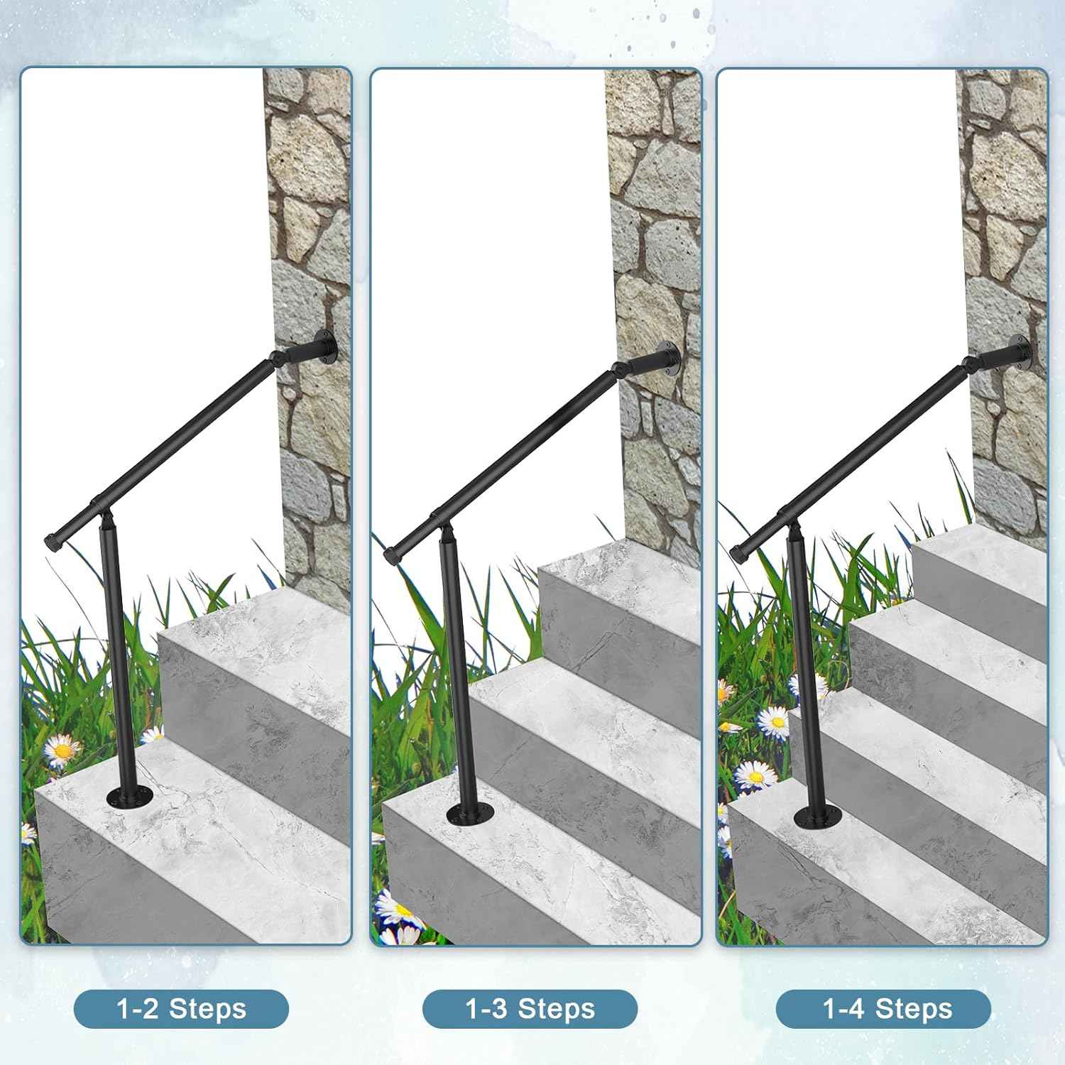 Hand Rails for Outdoor Steps - 2 Pack Metal Railing Kit for 1-3 Steps, Concrete & Brick